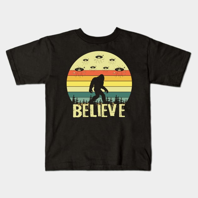 Retro Believe in Bigfoot Kids T-Shirt by Teewyld